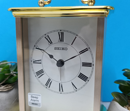 Zegar szafkowy stołowy Seiko QHE093G 9,5x14 cm złoty z budzikiem
